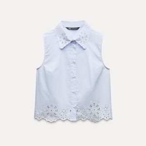 Zara Women Light Blue Eyelet Trim Blouse